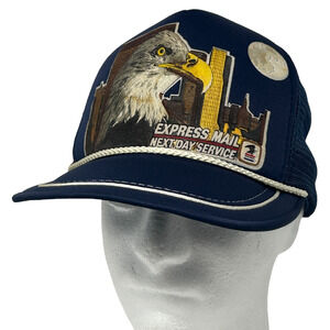 Vintage 80s USPS Express Mail Trucker Hat Cap Blue Eagle Postal Service Snapback